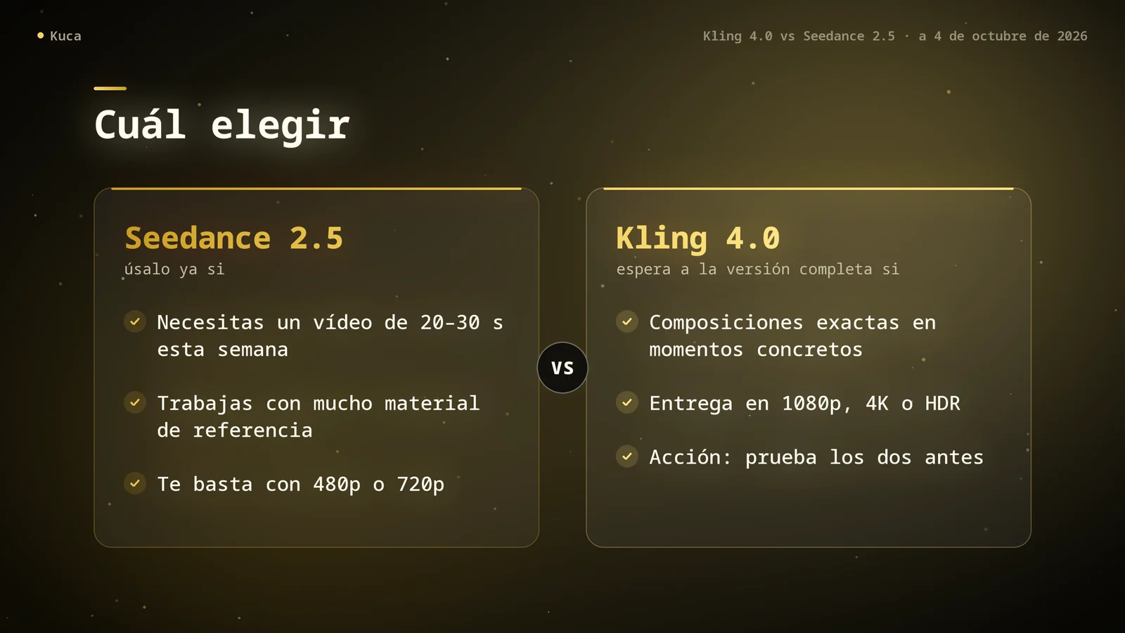 Tarjeta a dos columnas: Seedance 2.5 ya, para un vídeo de 20–30 segundos, mucho material de referencia o entregas en 480p y 720p; esperar a la versión completa de Kling 4.0 para composiciones exactas, 1080p, 4K o HDR, y probar los dos en escenas de acción