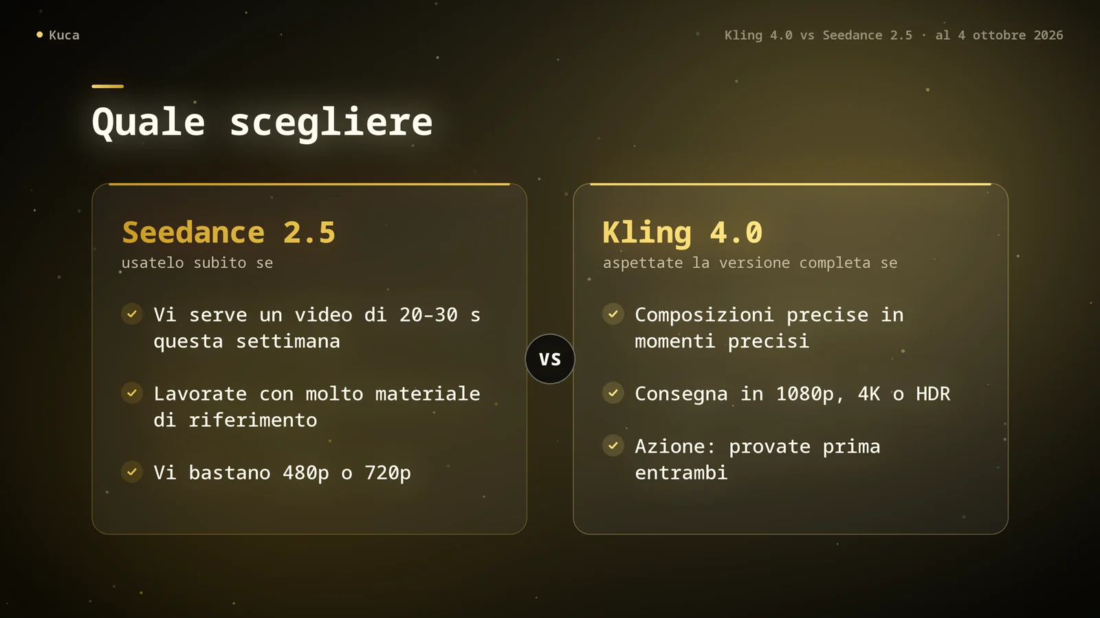 Scheda a due colonne: Seedance 2.5 subito per un video di 20–30 secondi, molto materiale di riferimento o consegne in 480p e 720p; aspettare la versione completa di Kling 4.0 per composizioni precise, 1080p, 4K o HDR, e provare entrambi per le scene d’azione