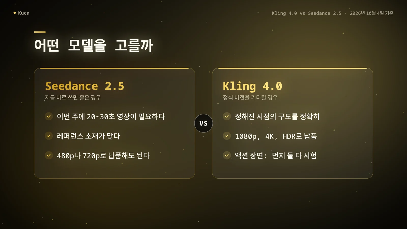 두 칸으로 나눈 카드: 20~30초 영상, 많은 레퍼런스, 480p·720p 납품이라면 지금 Seedance 2.5를 쓰고, 정해진 구도나 1080p·4K·HDR이 필요하면 Kling 4.0 정식 버전을 기다리며, 액션은 둘 다 시험