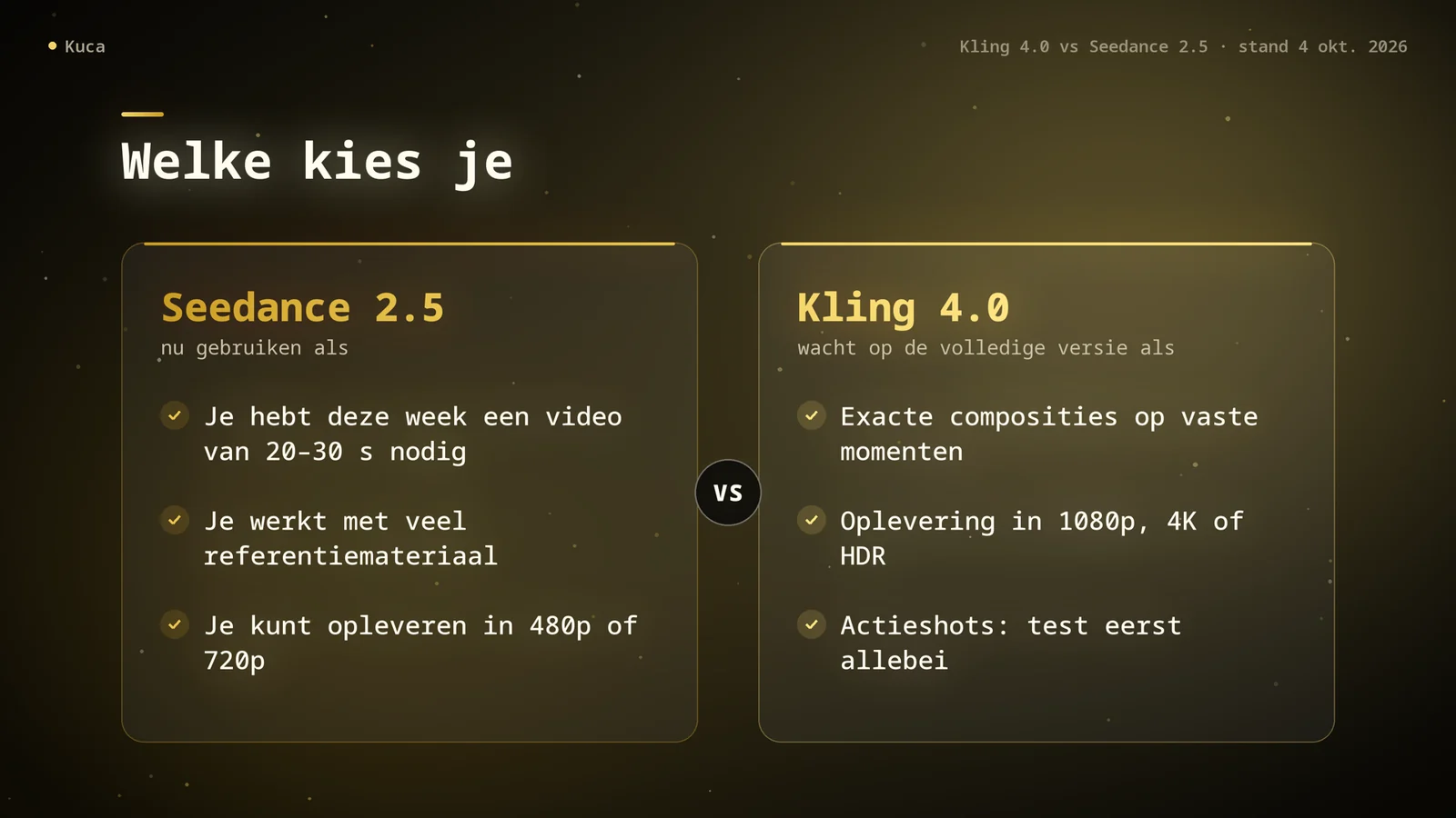 Kaart met twee kolommen: Seedance 2.5 nu gebruiken voor een video van 20–30 seconden, veel referentiemateriaal of oplevering in 480p en 720p; wachten op de volledige Kling 4.0 voor vaste composities, 1080p, 4K of HDR; bij actie allebei testen