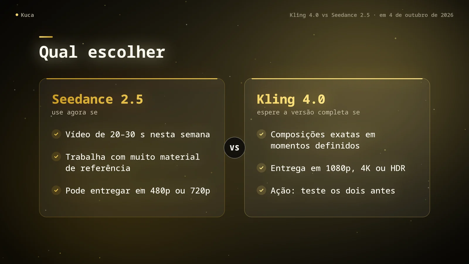Cartão em duas colunas: Seedance 2.5 agora para um vídeo de 20–30 segundos, muito material de referência ou entrega em 480p e 720p; esperar a versão completa do Kling 4.0 para composições exatas, 1080p, 4K ou HDR, e testar os dois em cenas de ação