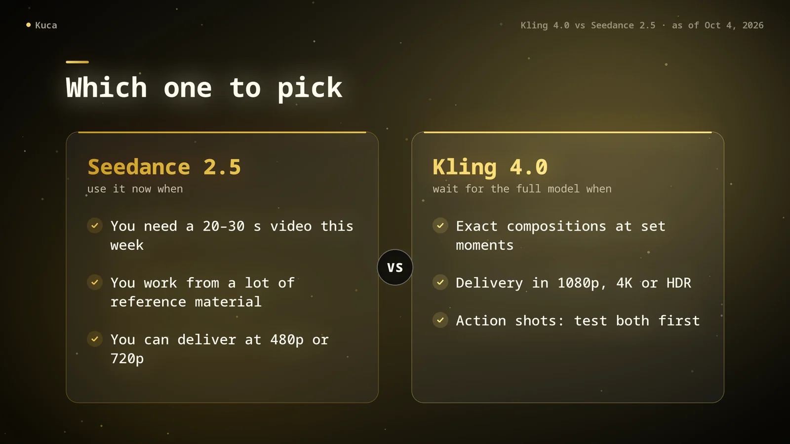 Two-column card: use Seedance 2.5 now for a 20–30 second video, lots of references or 480p and 720p delivery; wait for the full Kling 4.0 for set compositions, 1080p, 4K or HDR, and test both for action