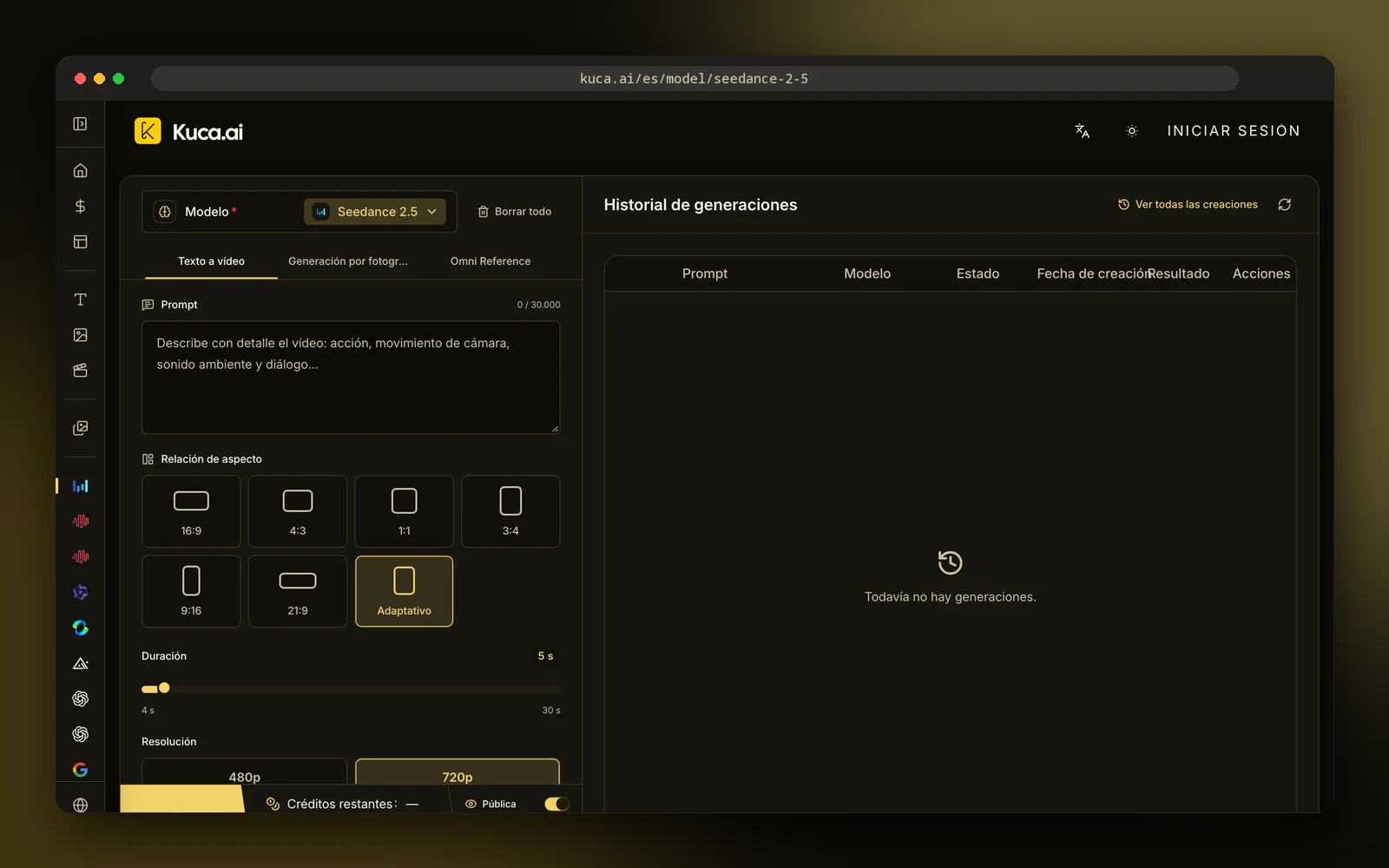Captura de la página de Seedance 2.5 en Kuca con sus ajustes de generación