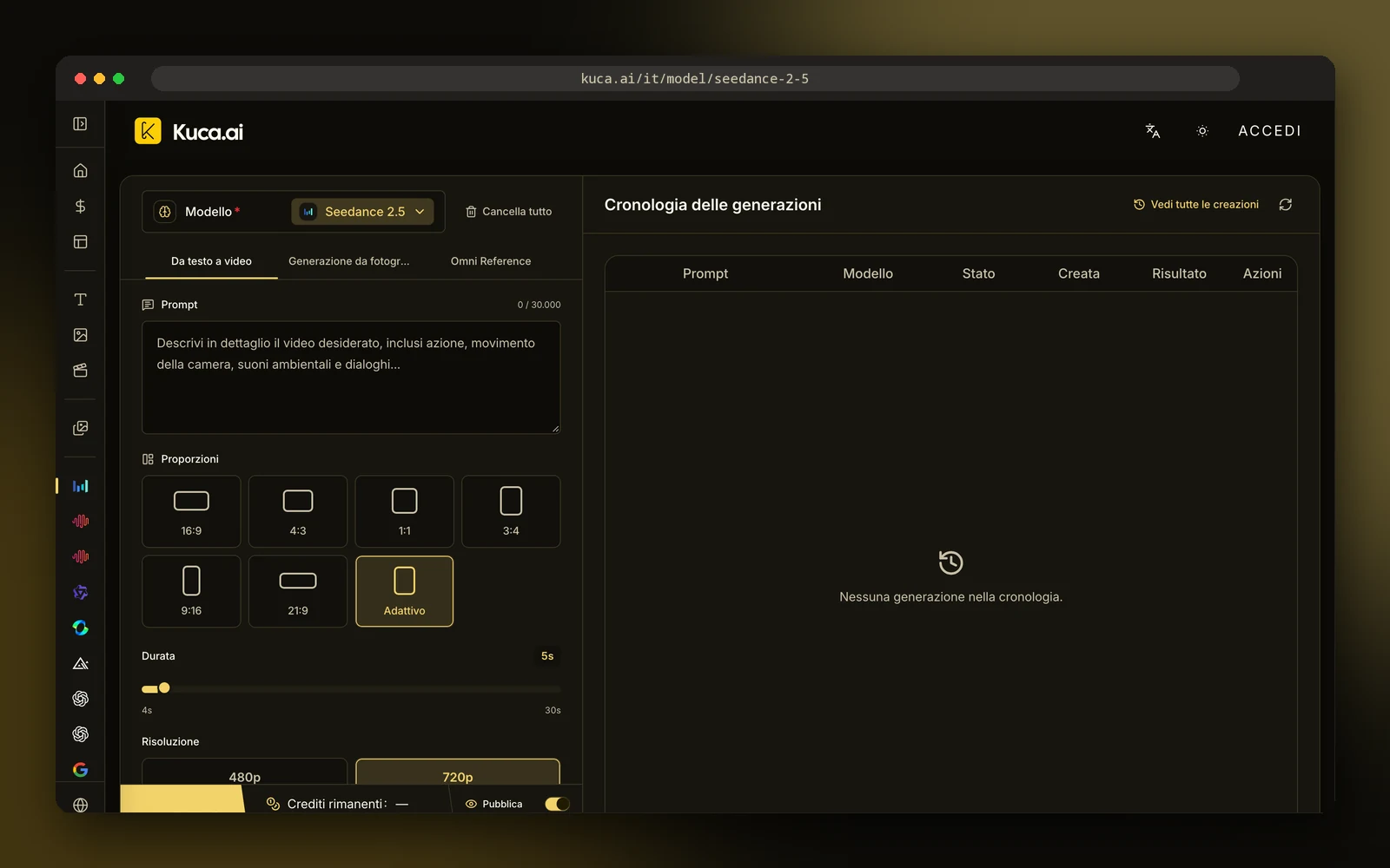 Screenshot della pagina di Seedance 2.5 su Kuca con le impostazioni di generazione