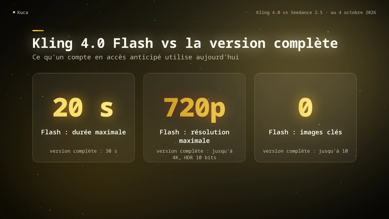 Cartes comparant Kling 4.0 Flash à la version complète : 20 secondes contre 30, 720p contre jusqu’à 4K, aucune image clé contre jusqu’à 10