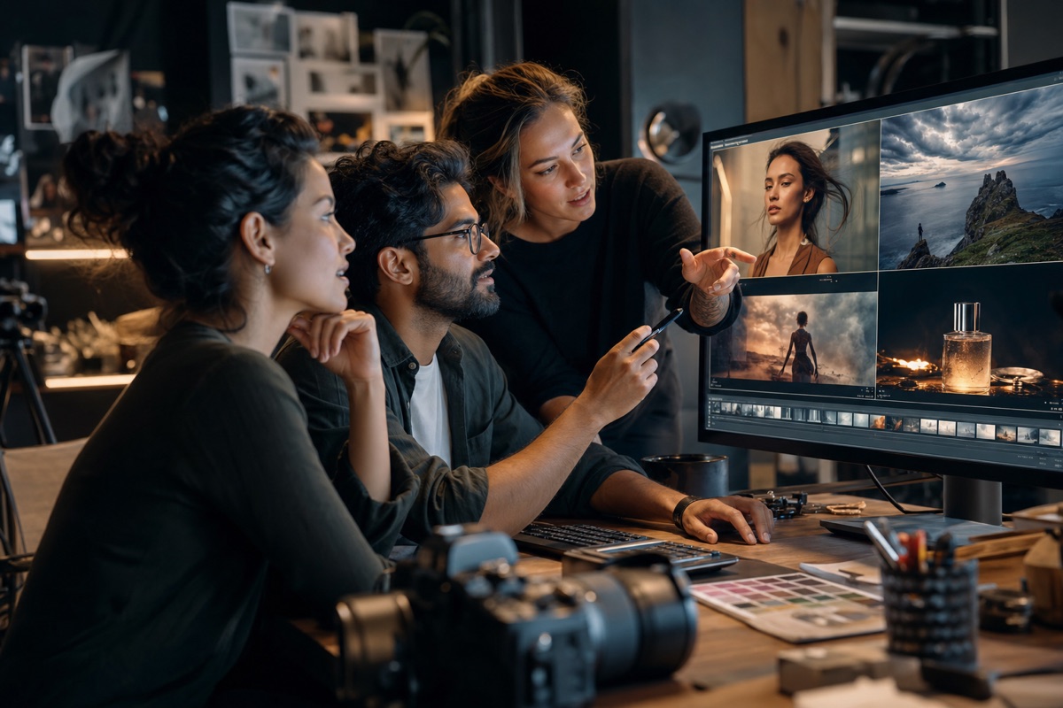 Creative agency team reviewing client video scenes in a professional studio