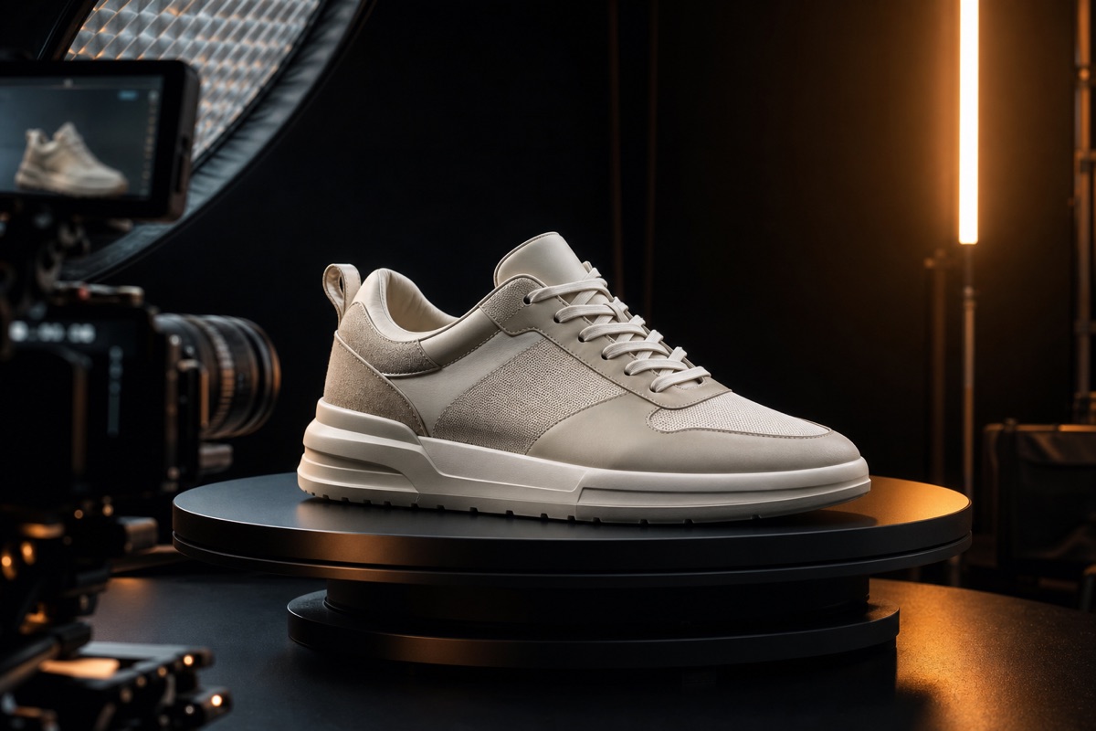 Unbranded sneaker filmed on a rotating platform in a product video studio