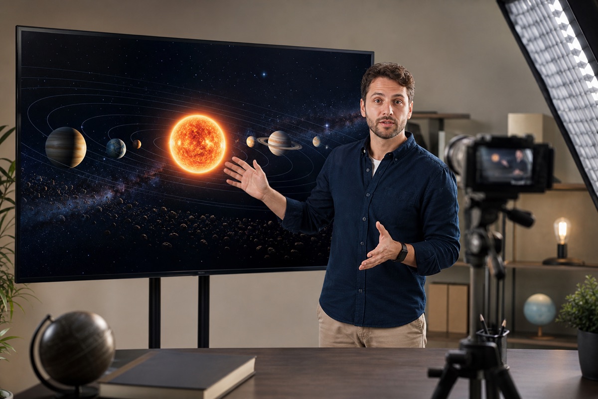 Online course creator recording a solar system lesson in a teaching studio