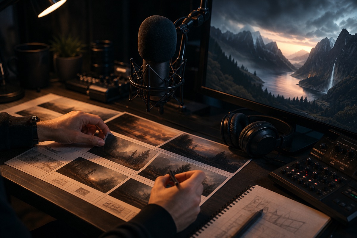 Faceless channel creator arranging visual storyboards beside a microphone and monitor
