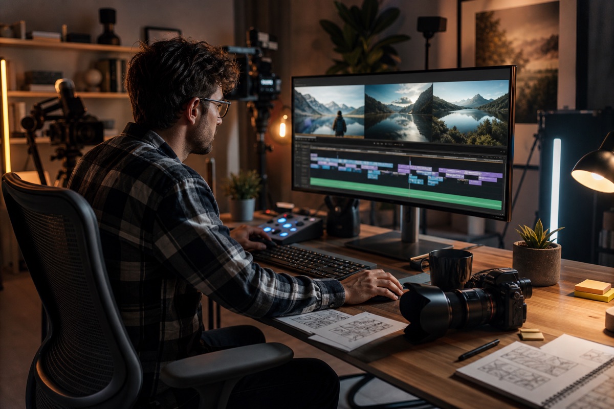 YouTube creator editing cinematic footage in a professional home studio