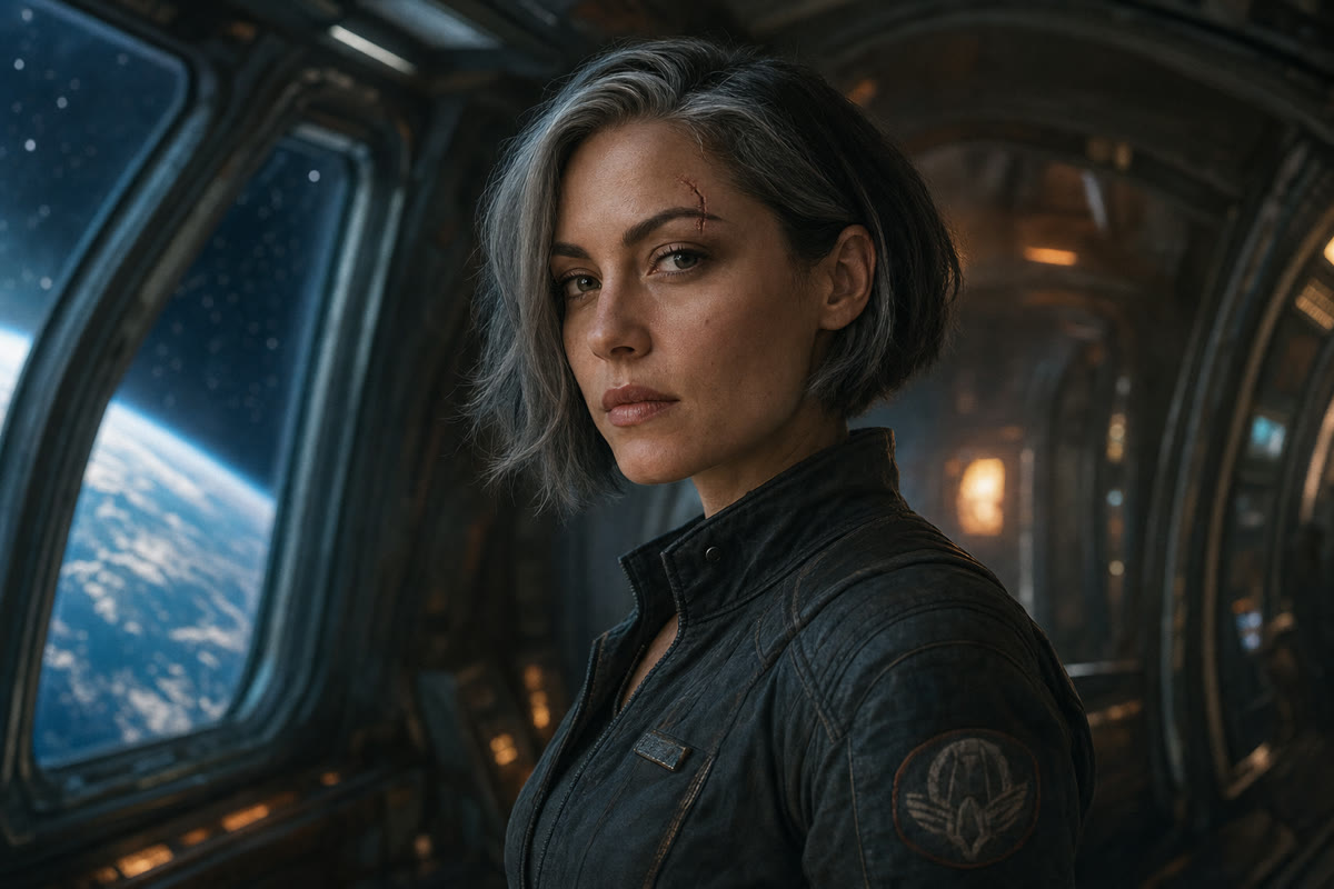 A cinematic close portrait of a space pilot inside a spacecraft