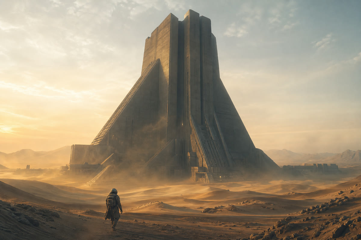 A lone explorer approaching a monumental structure in a cinematic desert scene