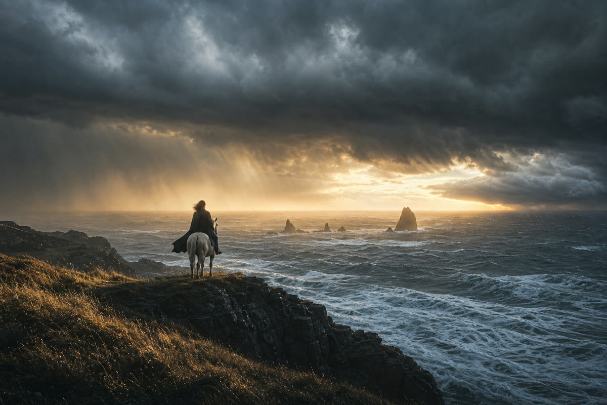 Una cavallerizza osserva l'oceano in tempesta da una scogliera cinematografica