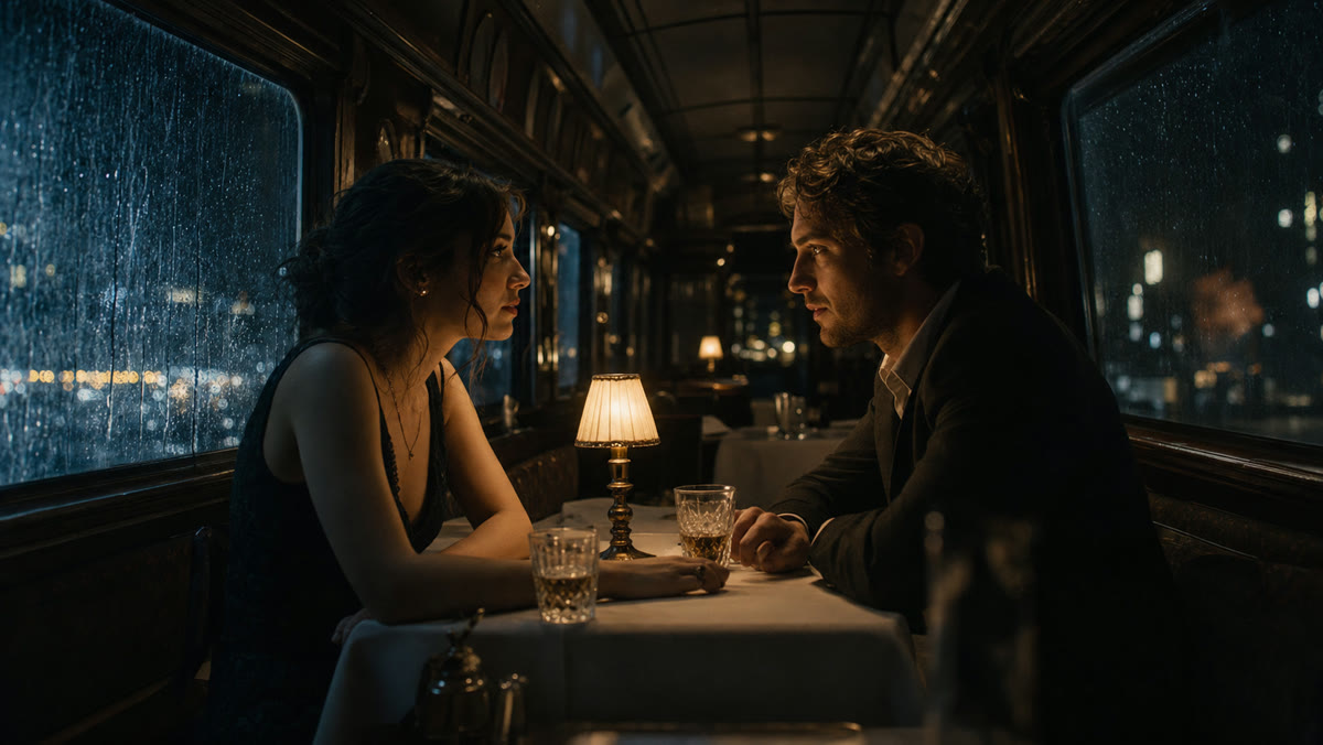 Due personaggi conversano nella carrozza ristorante di un treno illuminata dalla pioggia