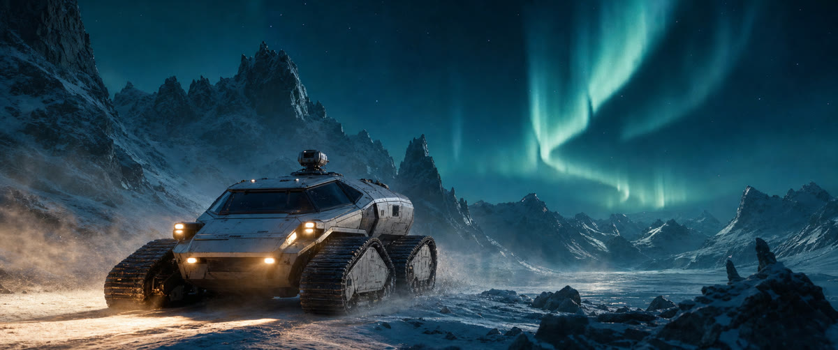 A tracked research rover crossing a frozen alien valley beneath an aurora